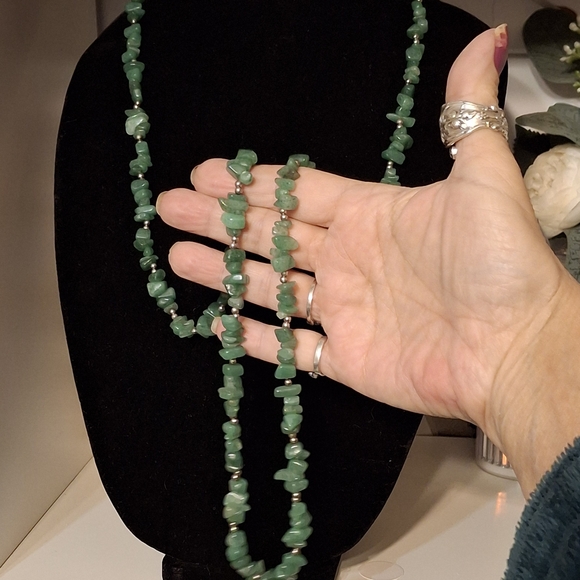 None Jewelry - Adventurine Natural Green Stone and Silver Beaded 30" Necklace